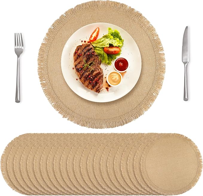 Aneco 24 Pcs Jute Placemats, 15 Inch Round Burlap Placemats, Boho Natural Jute with Fringe Table Mat, Heat Resistant Natural Farmhouse Table Mats for Wedding Birthday Party Dining Tables Decor