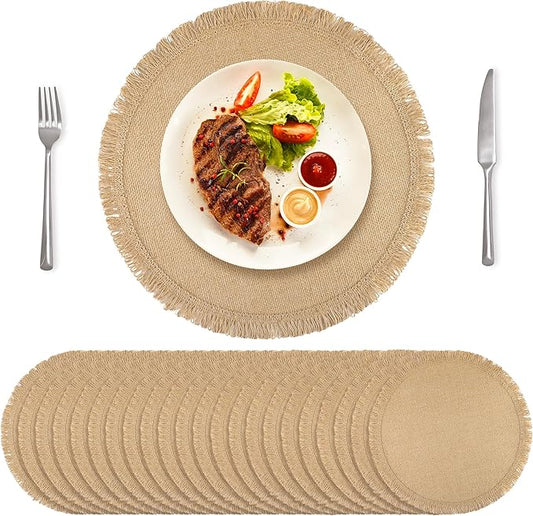Aneco 24 Pcs Jute Placemats, 15 Inch Round Burlap Placemats, Boho Natural Jute with Fringe Table Mat, Heat Resistant Natural Farmhouse Table Mats for Wedding Birthday Party Dining Tables Decor