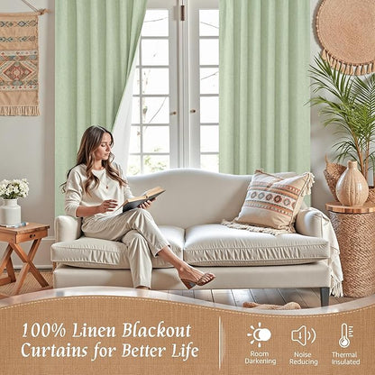 LAMIT Light Green 100% Blackout Linen Curtains, 63 Inches Linen Textured Thermal Bedroom Curtains Back Tab and Rod Pocket Neutral Panels with White Liner for Farmhouse, 2 Panels, 38 x 63 Inch