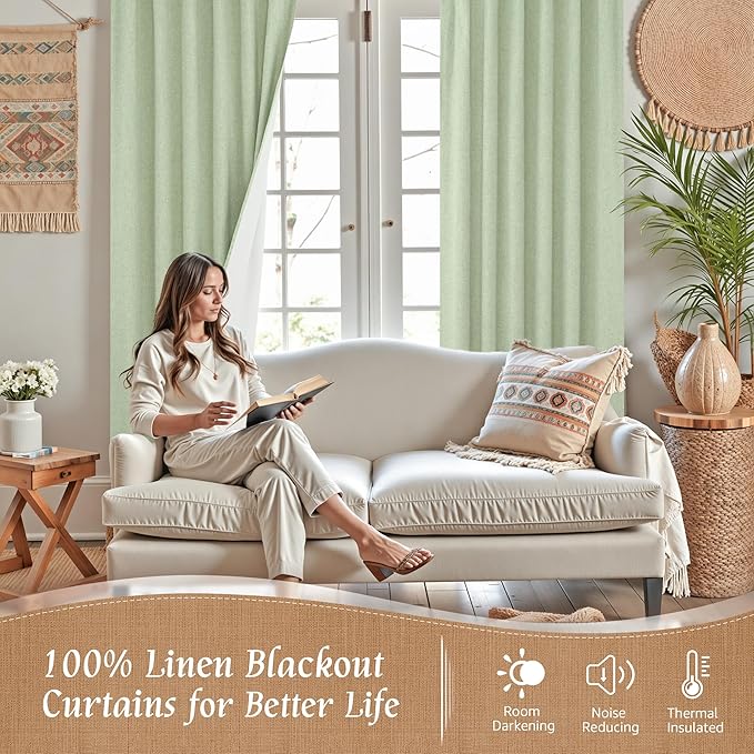 LAMIT 100% Blackout Linen Curtains, 80 Inches Linen Textured Thermal Bedroom Drapes Back Tab and Rod Pocket Neutral Panels with White Liner for Farmhouse, 2 Panels, 52 x 80 Inch, Light Green