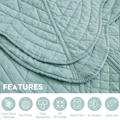 CHIXIN Oversized Cotton Bedspread Queen Size - Real Stitching - Luxury Quilted Bedding Cover for All Season, Reversible, Ultra Soft, Lightweight, 3 Piece, Seaglass