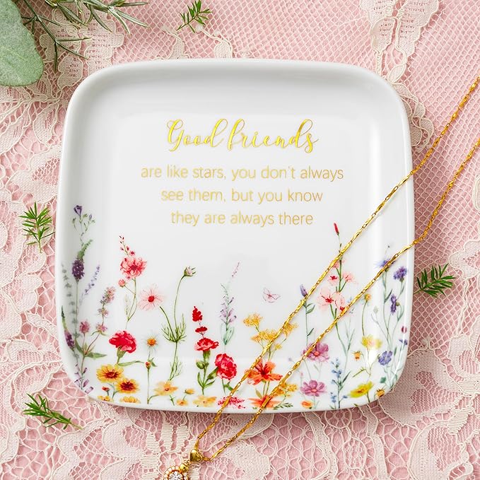 Crisky Jewelry Ring Dish Friend Gifts for Women, Long Distance Friendship Gfits for Women Female Best Friends Birthday Party, Good Friends Are Like Stars