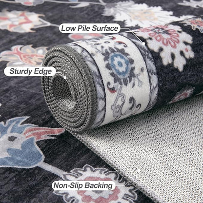 Tangsoo Washable Runner Rug for Hallway Non Slip, 2x6 Boho Floral Vintage Carpet Runner Rugs for Entryway, Floor Low Pile Runners for Kitchen Bathroom Laundry Bedroom Alfombra Black Red Farmhouse