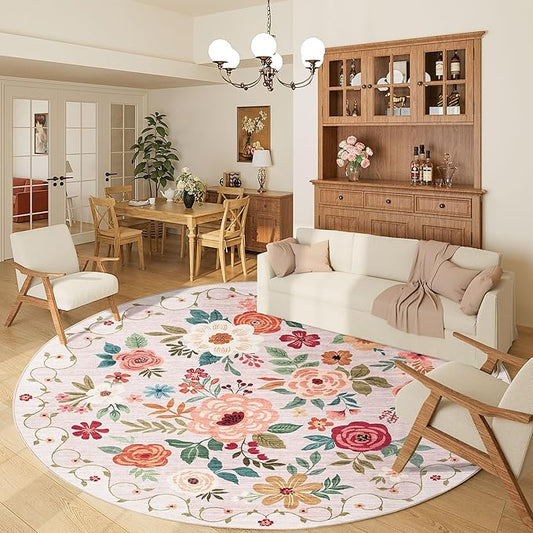 DUKINO Floral Round Rug, 6ft Washable Circle Rug, Non Slip Indoor Low Pile Circle Rug, Soft Small Boho Design Carpet for Bedroom, Entryway, Living Room, Dining Room, Beige