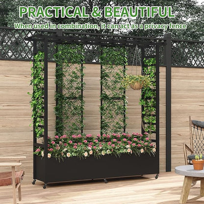 Raised Garden Bed with Trellis & Hanging Roof, Weatherproof Metal Planter Box with Wheels, Garden Arch Trellis for Outdoor Climbing Plants Vines Flowers, 74" H x 77" L x 17" W, Black