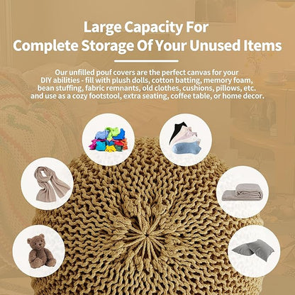 HOMBYS Unstuffed Ottoman Pouf Cover, 100% Cotton Handmade Knitted Ottoman Pouf Cover Round Foot Stool, Floor Bean Bag Chair, Foot Rest Storage for Living Room Bedroom, Ginger(Cover ONLY NO Filler)