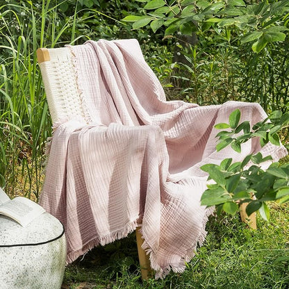MooMee Muslin Blanket - 100% Cotton 4-Layer Gauze Throw Blanket with All-Around Fringe Ultra-Soft Breathable Lightweight Cooling for Bed Couch (Greyish Pink,Twin XL 66" x 90")