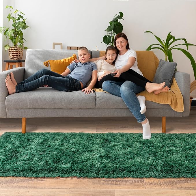 Fluffy Runner Rugs for Bedroom Hallways, 2x6 Runners for Hallways Fluffy Shag Throw Area Rug Non Slip for Bedside Dorm, Shag Rugs for Girls Boys Bedroom, Floor Carpet Runner for Kids Dorm, Dark Green