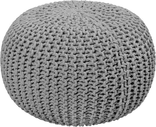 COTTON CRAFT Round Dori Pouf - Cotton Braid Cord Cable Knitted Ottoman - Foot Stool - Footrest - Floor Pouf - Woven Ottoman - Bean Bag - Living Room Dorm - 20 inches Diameter x 14 Height - Light Grey