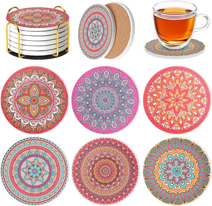 Ceramic Coasters Set of 6 with Holder, Mandala Style, Absorbent Drink Coaster Set for Home Decor, Cups, Mugs and Glasses (Pink Mandala)