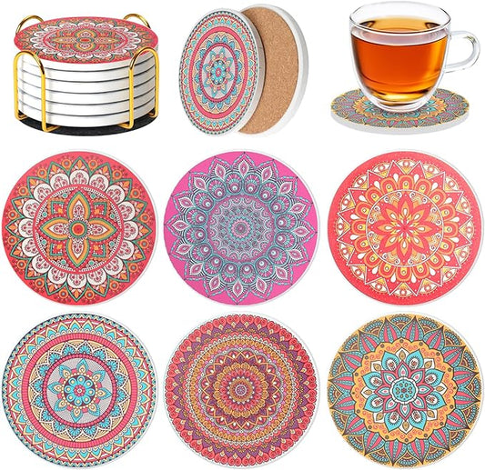 Ceramic Coasters Set of 6 with Holder, Mandala Style, Absorbent Drink Coaster Set for Home Decor, Cups, Mugs and Glasses (Pink Mandala)