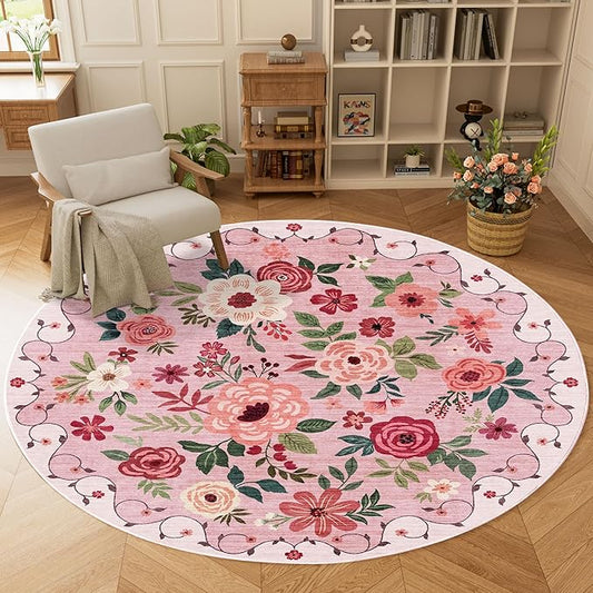 DUKINO Floral Round Rug, 6ft Washable Circle Rug, Non Slip Indoor Low Pile Circle Rug, Soft Small Boho Design Carpet for Bedroom, Entryway, Living Room, Dining Room, Pink