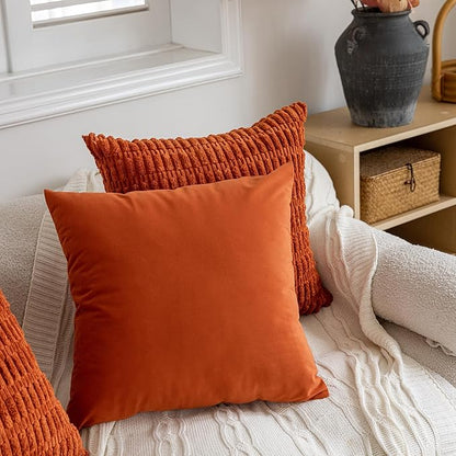 FEVERQIYI 26x26 Fall Throw Pillow Covers Extra Large Burnt Orange Velvet Pillow Covers Autumn Decorative Pillowcase Soft Cushion Covers for Couches and Sofas
