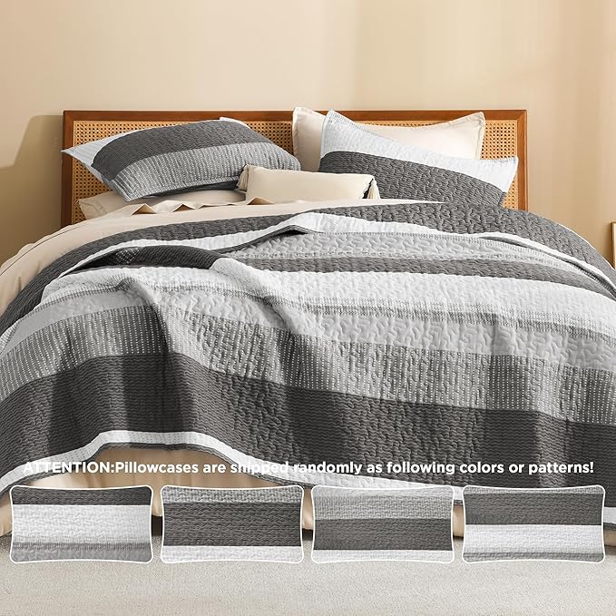 Litanika Quilt King Size Dark Grey, Stripe Patchwork Summer Bedspread Coverlet 3 Pieces, Soft Lightweight Microfiber Quilted Bedding Set for All Season(1 Quilt, 2 Pillowcases)