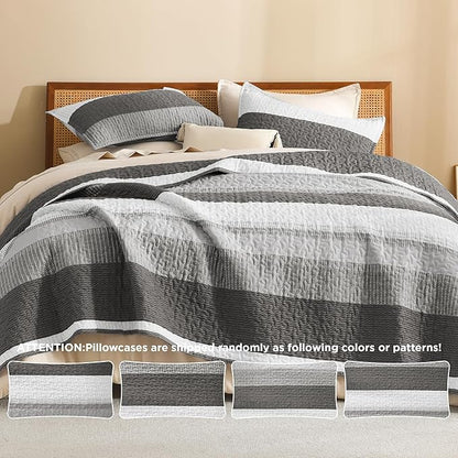 Litanika Quilt King Size Dark Grey, Stripe Patchwork Summer Bedspread Coverlet 3 Pieces, Soft Lightweight Microfiber Quilted Bedding Set for All Season(1 Quilt, 2 Pillowcases)