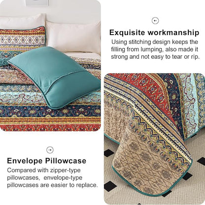 WONGS BEDDING Boho King Quilt Set, Green and Brown Bohemian King Quilt Bedding Set, Lightweight Microfiber Bed Decor Bedspread for All Season 103"x90"(3 Pieces)