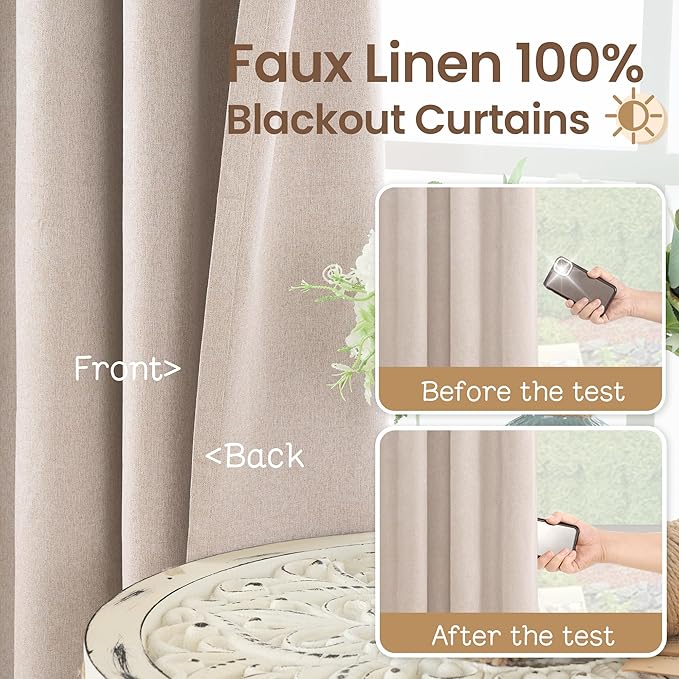 BGment 100% Blackout Curtains for Bedroom 84 Inch Long - Burlap Color Linen Textured Boho Thermal Insulated Sun Blocking Linen Look Window Drapes for Living Room/Farmhouse, 2 Panels, 52 x 84 Inch