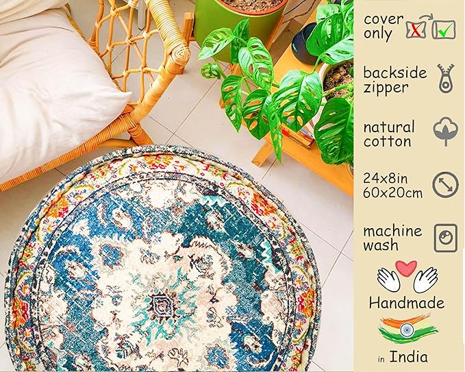 Moroccan Floor Pillow Cover Blue Round Floor Cushion Boho Room Décor Moroccan Seating Area Perfect Pouf Ottoman for Living Room, Bedroom, Nursary or Children Room Cotton 24x8 Unstuffed