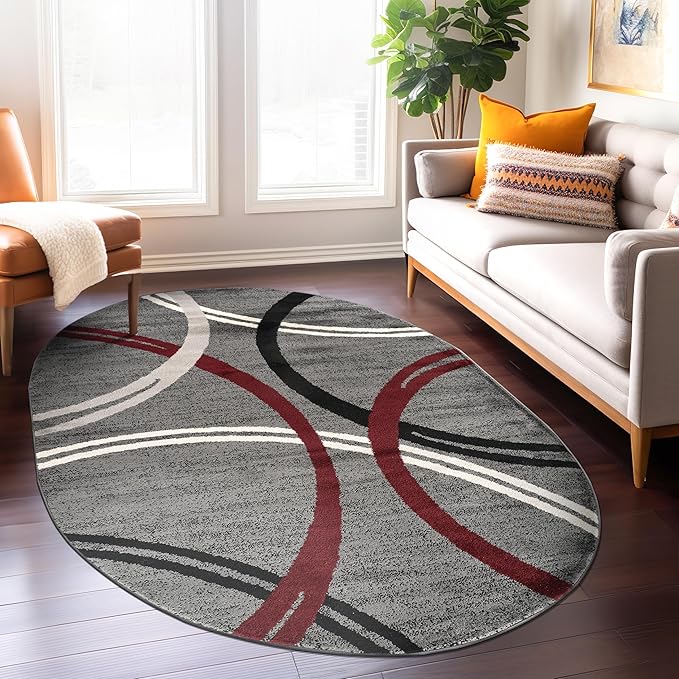 Rugshop Modern Wavy Circles Design Non-Shedding Oval Rug, Carpet for Living Room, Dining Room, or Bedroom, Red, 5' x 7' Oval