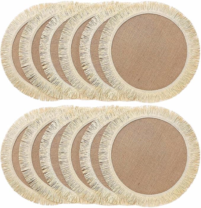 FunWheat Burlap Round Braided Placemats Set of 12 for Dining Tables 15 Inch Heat Resistant Jute Table Mats Farmhouse Woven Fabric Natural Place mats for Fall Decorations Indoor Outdoor(Beige)