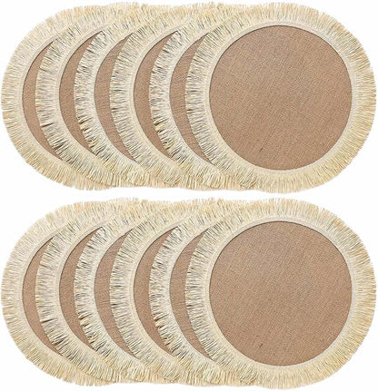 FunWheat Burlap Round Braided Placemats Set of 12 for Dining Tables 15 Inch Heat Resistant Jute Table Mats Farmhouse Woven Fabric Natural Place mats for Fall Decorations Indoor Outdoor(Beige)