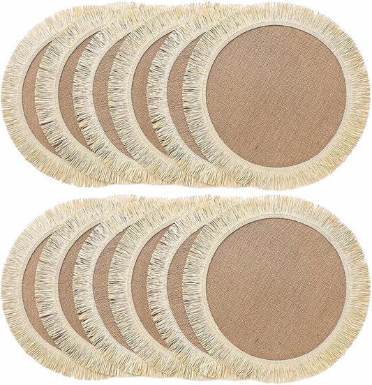 FunWheat Burlap Round Braided Placemats Set of 12 for Dining Tables 15 Inch Heat Resistant Jute Table Mats Farmhouse Woven Fabric Natural Place mats for Fall Decorations Indoor Outdoor(Beige)