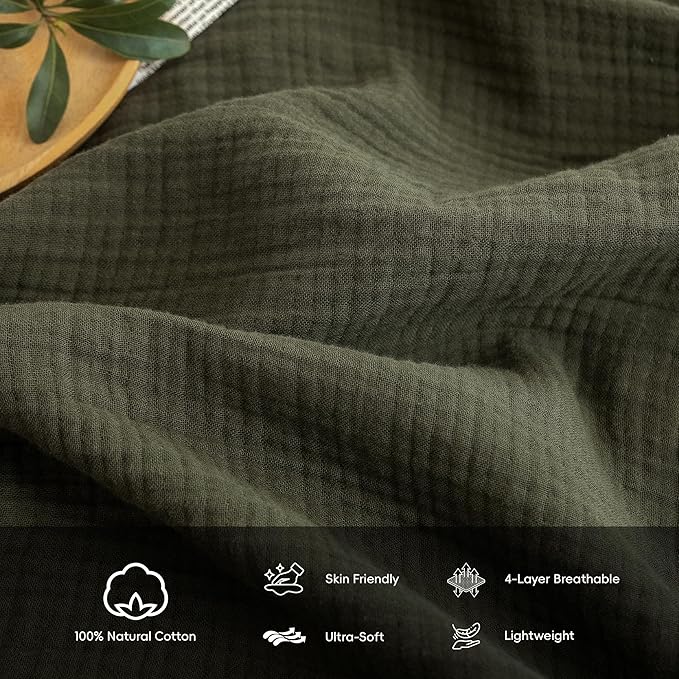FOSSA Muslin Blanket with Fringe - 4-Layer 100% Cotton Gauze Super Soft & Breathable Throw -Lightweight Decorative Cooling Blanket for Bed, Sofa, Office (Olive Green, Queen (90" × 90"))