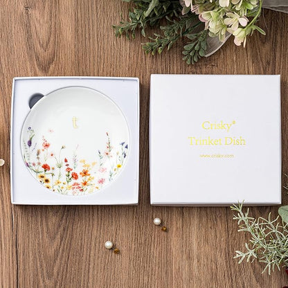Crisky Initial Jewelry Tray Ring Dish & Gift Box, Ceramic Flower Trinket Dish for Rings Earrings Necklaces Keys, Bridal Shower Engagement Birthday Gift for Women, Friends 4.57" (Gold Foil T