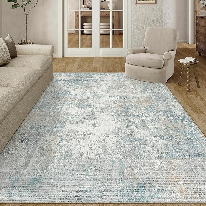 6x9 Washable Area Rug Blue Cream Abstract Living Room Bedroom Carpet Neutral Modern Non-Slip Soft Low Pile Lightweight Vacuumable Throw Rug for Dining Room Kitchen