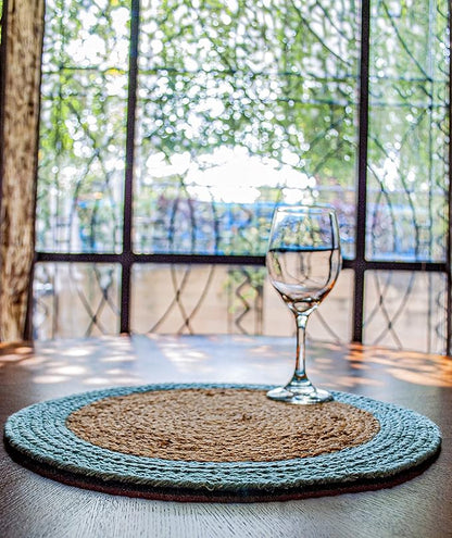 Chardin home Round Verona Woven Jute & Cotton Braided PLACEMAT (Set of 4), Size -15” Round, Color - Natural Jute with Aqua Blue Border.