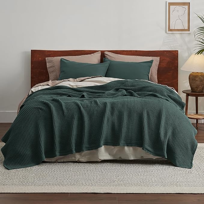 Bedsure Gentlesoft 100% Cotton Blanket Queen Size for Bed - Breathable and Soft, Thick Cozy Waffle Weave Christmas Blanket Gift for Women, Dark Green, 90x90 Inches