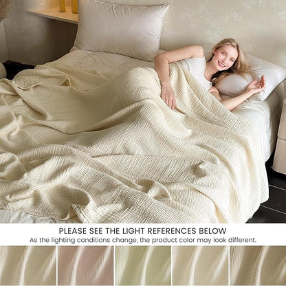 FALUCA Cotton Muslin Reversible Blanket Queen Size for Bed, Couch, Four Layers Blanket, Soft Lightweight Cozy Breathable Farmhouse Decoration for All-Season, Beige