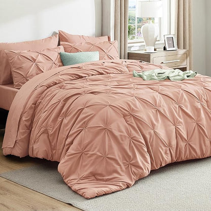 Bedsure Queen Comforter Set Dusty Pink - Bed in a Bag Queen Size Bedding 7 Pieces, GentleSoft™ Pintuck Bed Set Gift for Family, Pinch Pleat All Season Comforter with Sheets, Pillowcases & Shams