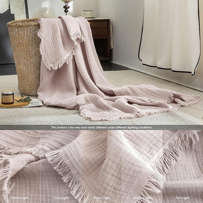 FOSSA Muslin Blanket with Fringe - 4-Layer 100% Cotton Gauze Super Soft & Breathable Throw -Lightweight Decorative Cooling Blanket for Bed, Sofa, Office (Greyish Pink, Super King (108" × 98"))