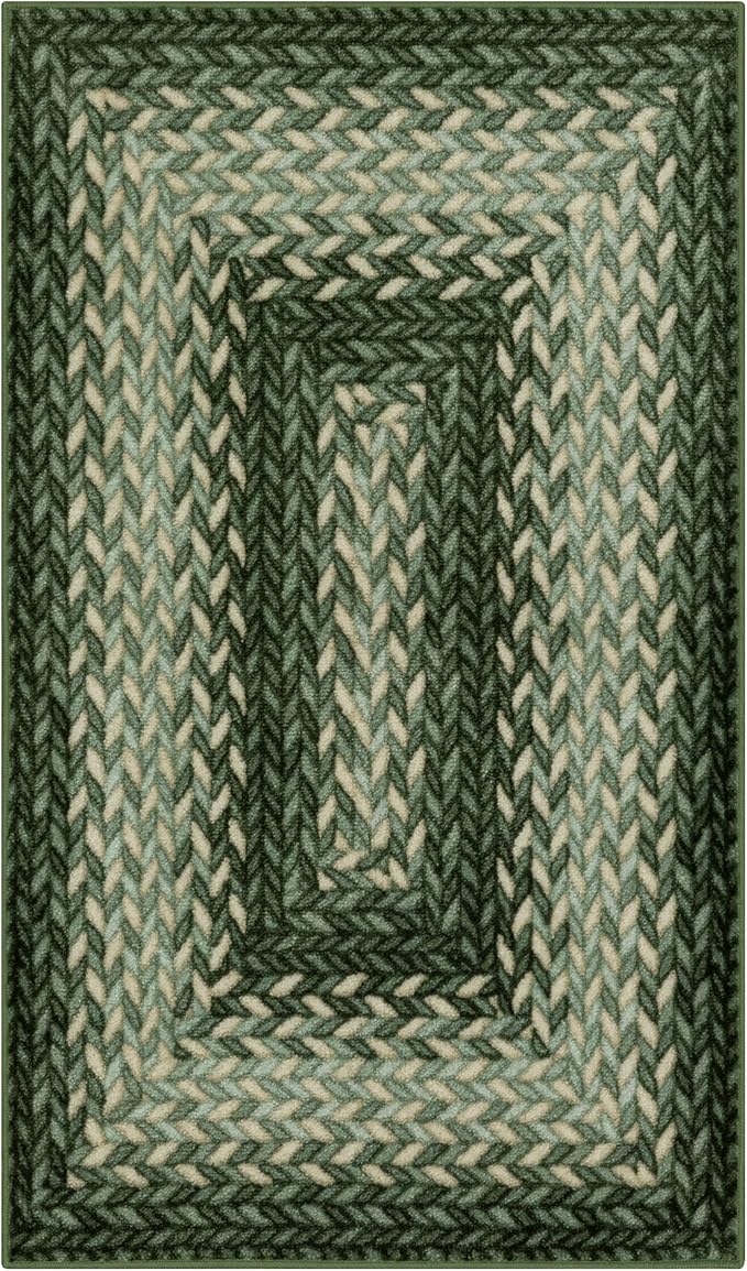 Maples Rugs Marion Bohemian Braided Design Print Area Rug – Made in USA – Washable, Non Slip Indoor Carpet for Entryway, Foyer, Kitchen, and Bathroom, 34" x 20", Green