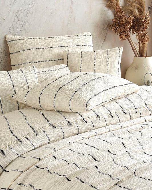 4 Layers Gauze Lightweight Throws,Cotton Muslin Throw Blanket,Breathable Coverlet, 4 Layer Bed Cover (Beige with Black Pinstripe, Only 2 Queen Pillowcase 20 x 30 inches)