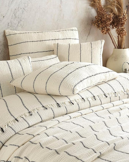 Bohemian 4 Layers Gauze Lightweight Throws,Cotton Muslin Throw Blanket,Breathable Coverlet, 4 Layer Bed Cover (Beige with Black Pinstripe, Oversized 100 x120 inches)