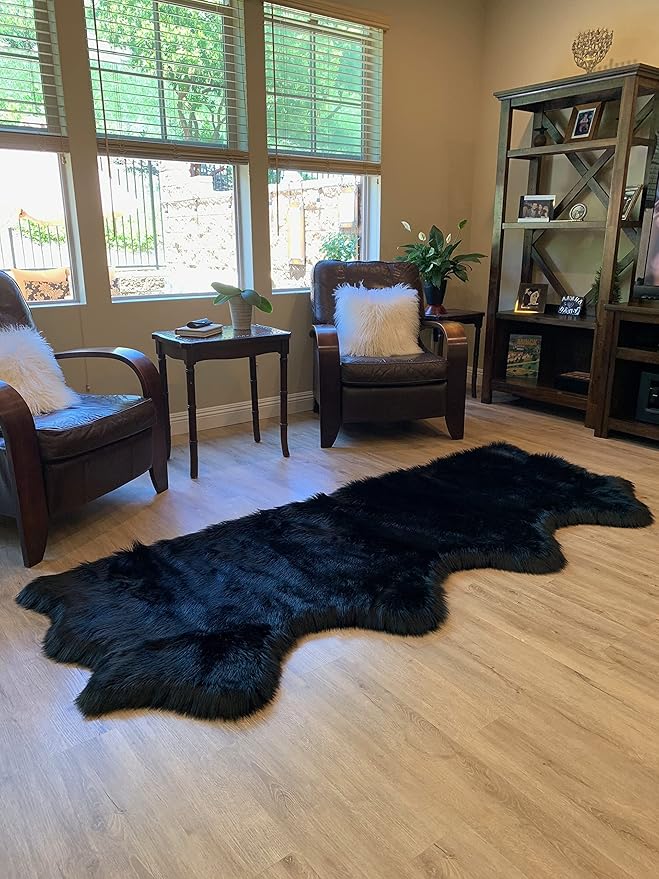LAMBZY Faux Sheepskin Super Soft Hypoallergenic Silky Shag Rug for Living Room, Kids Room, Sofa (Quarto 4 Pelts Side by Side 3'x8', Black)