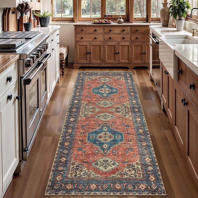 Tangsoo 2.6x8 Washable Runner Rug for Hallways, Non Slip Vintage Runner Rug, Soft Low Pile Long Rug Runner, Print Carpet Runners for Kitchen Bedroom Entryway Bathroom Living Room Terracotta