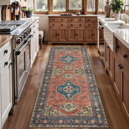 Tangsoo 2.6x8 Washable Runner Rug for Hallways, Non Slip Vintage Runner Rug, Soft Low Pile Long Rug Runner, Print Carpet Runners for Kitchen Bedroom Entryway Bathroom Living Room Terracotta