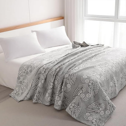 NTBAY 3 Layers Cotton Muslin 106x92 King Bed Blanket, Super Soft Breathable Thermal Yarn Dyed Quilt for Adults, Perfect Lightweight Blanket for Couch Sofa Bed All Seasons, Grey Star and Wheat