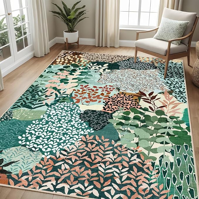 DEXDE Washable Area Rug 3x5 for Living Room, Abstract Small Boho Rugs Non Slip Soft Kids Room,Vintage Leaves Floral Carpet for Bedroom Entryway Kitchen Office Dining Room, Dark Green