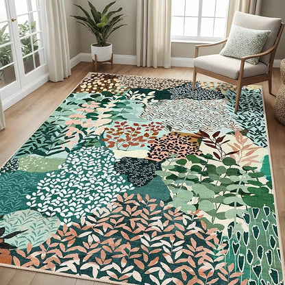 DEXDE Washable Area Rug 3x5 for Living Room, Abstract Small Boho Rugs Non Slip Soft Kids Room,Vintage Leaves Floral Carpet for Bedroom Entryway Kitchen Office Dining Room, Dark Green