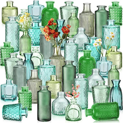 Yaomiao 60 Pcs Vases Bulk Colored Flower Glass Vases Bud Vintage Colored Glass Bottles Colorful Rustic Embossed for Home Wedding Table Decorations Gifts (Green Series)