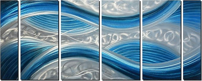 Handmade Abstract Metal Wall Art with Soft Color, Large Scale Decor in Blue Line Design Metal Art, 3D Artwork for Indoor Outdoor Wall Decorations, Decorative hanging in 6-Panels Measures 24"x 65"
