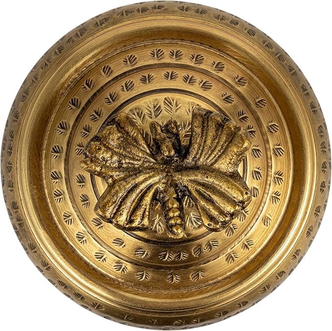 Round Hammered Metal Container with Butterfly Finial, Brass Finish
