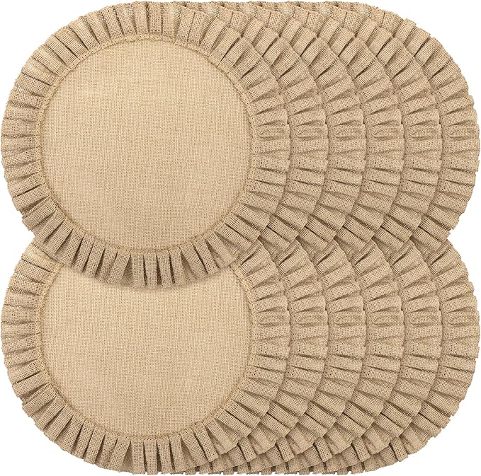 Aneco 12 Pack 15 Inch Round Burlap Placemats Braided Jute Placemats with Ruffle Edge Heat Resistant Reusable Brown Table Mats for Weddings Parties Holidays Dining Table