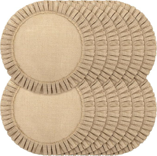 Aneco 12 Pack 15 Inch Round Burlap Placemats Braided Jute Placemats with Ruffle Edge Heat Resistant Reusable Brown Table Mats for Weddings Parties Holidays Dining Table