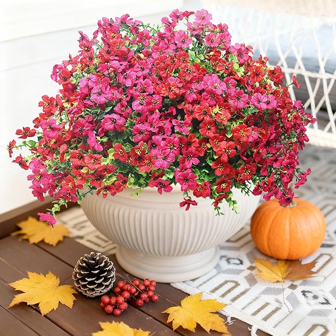 16 Bundles Artificial Flowers – UV Resistant Faux Mums in Red and Rose Red for Garden, Patio, Porch & Home Décor, Realistic Fake Flowers for Wedding & Outdoor Planters