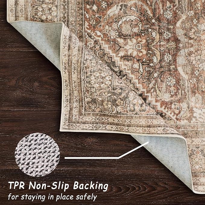 vivorug 8x10 Area Rugs for Living Room, Non-Slip Backing Washable Rug 8x10, Large Area Rug Soft Carpet for Bedroom Dining Room, Vintage, Easy Clean, Durable, Low Pile Rug Under Table, Earth Tone